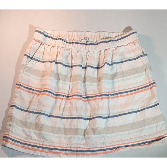 “Striped Linen-Cotton Mini Skirt Elastic Waist Pockets Summer Casual Sz 10 - Picture 1 of 5
